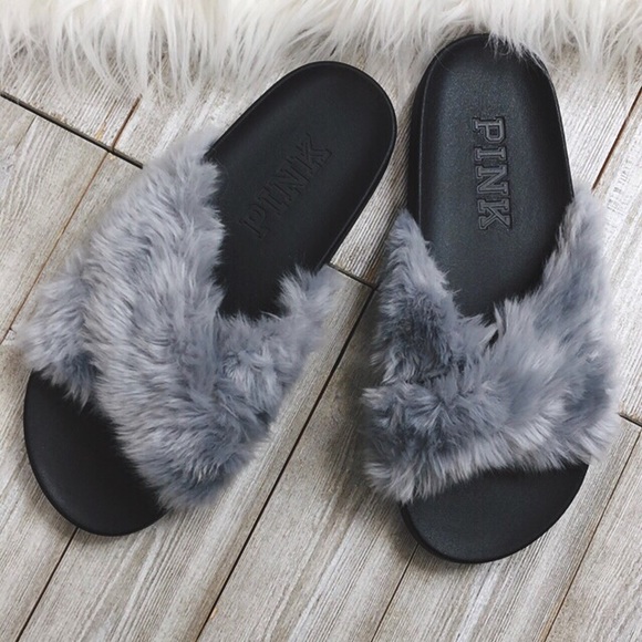 victoria secret pink faux fur slides